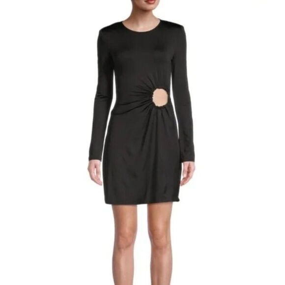 WEWOREWHAT‎ Dress Womens Small Black Ruched O-Ring Long Sleeve Mini Dress NWT - Picture 2 of 13